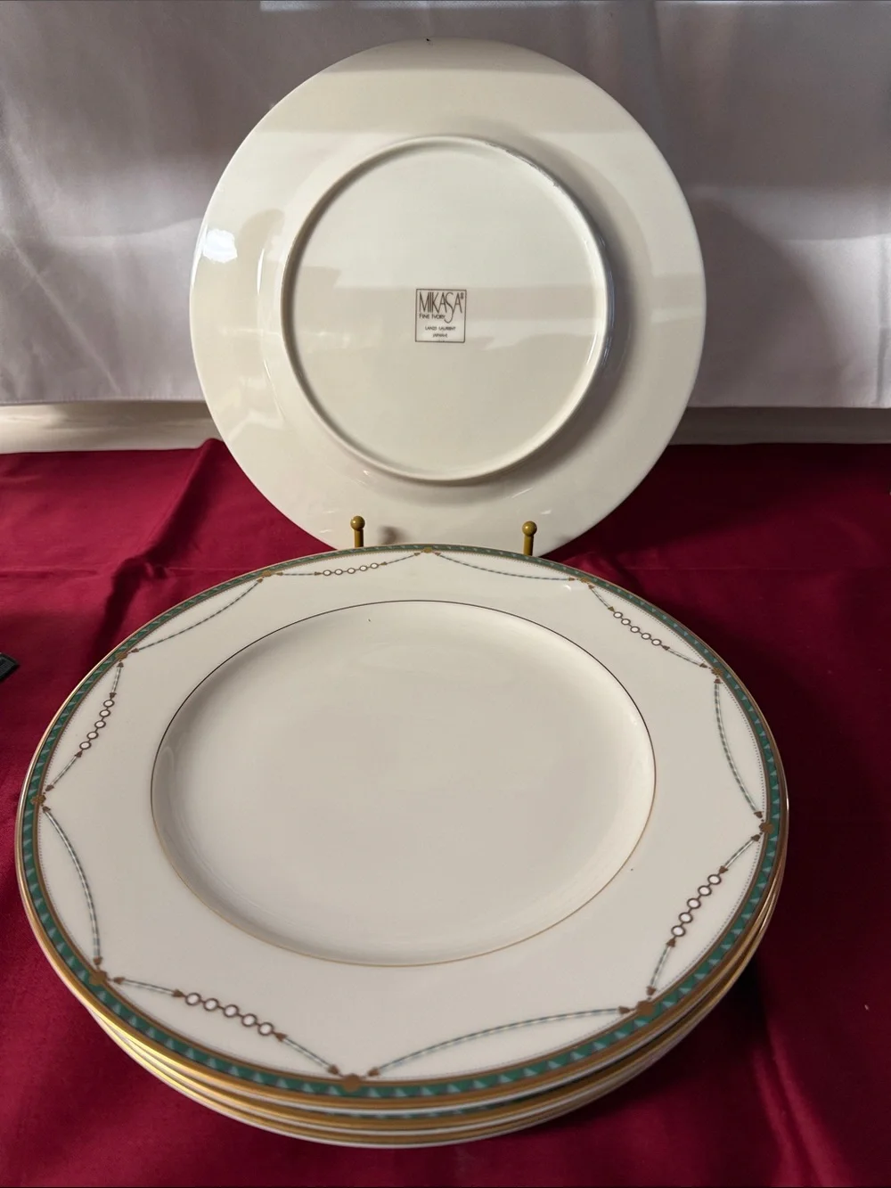 Vintage Mikasa Dinner Plates Set, Laurent Teal & Gold, 4 Pieces
